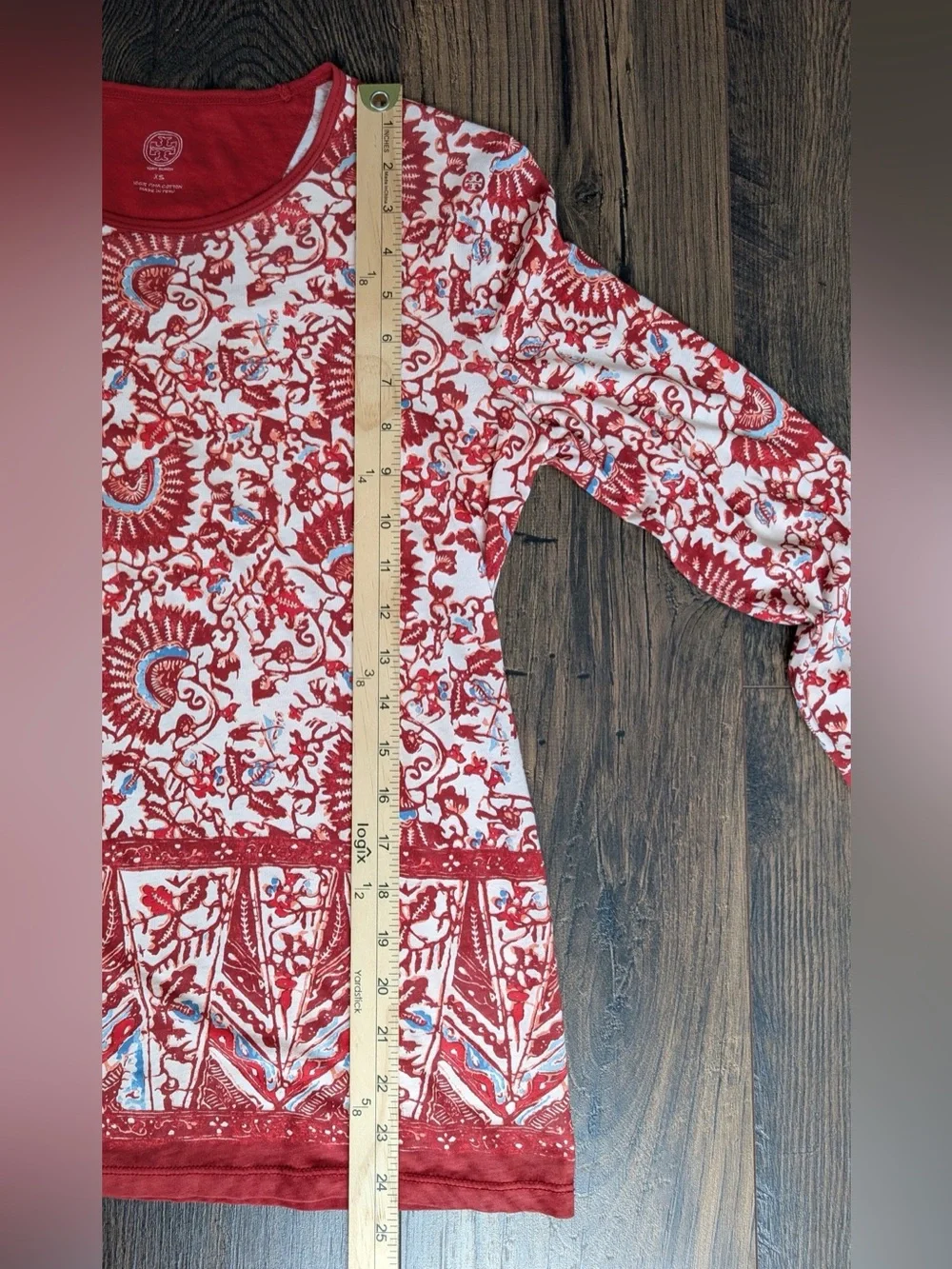 Tory Burch Long Sleeve Floral Print Crew Neck Pima Cotton Top Red Multi Size XS